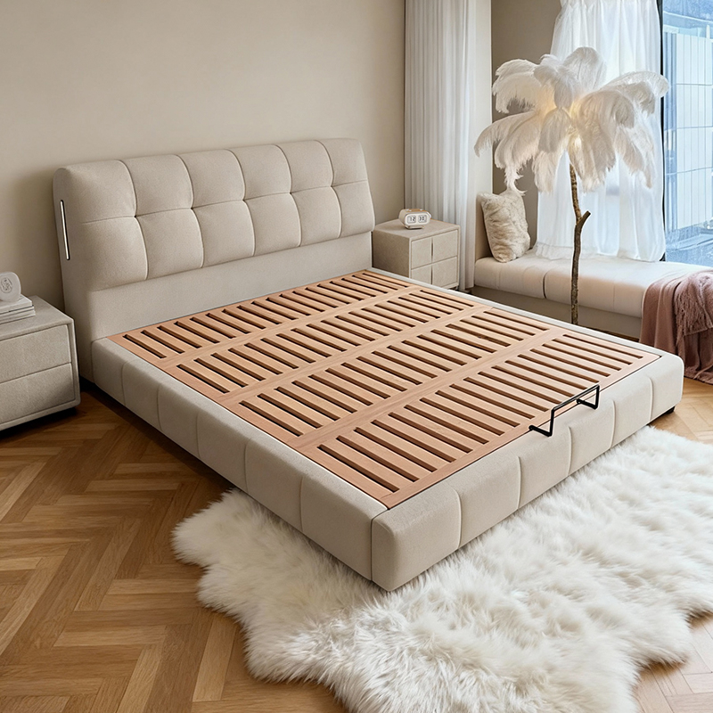 奶油风泡芙床主卧真皮床双人婚床