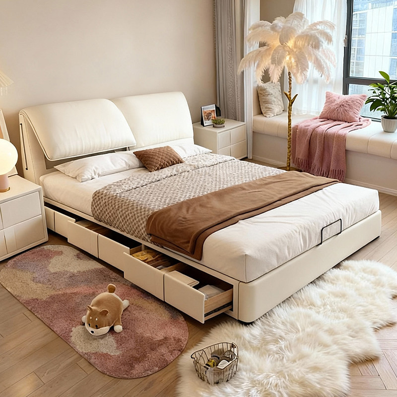 奶油风大象耳朵储物软包真皮大床