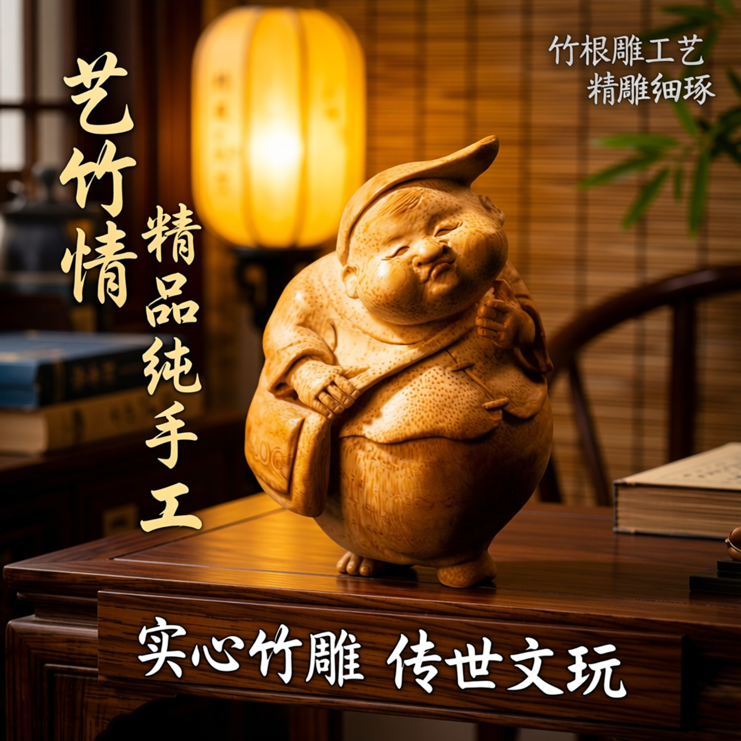艺竹情精品纯手工竹根雕书童文玩摆件实心竹手把件竹子竹雕把玩件