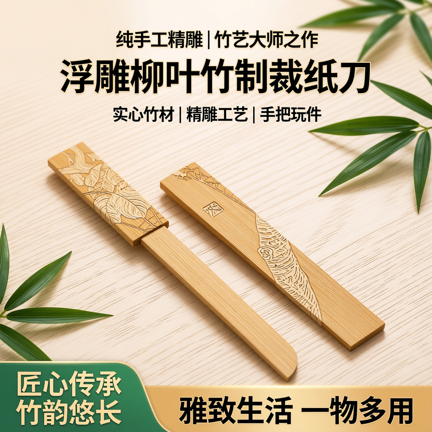 竹制浮雕柳叶刀实心竹裁纸刀竹雕刻工艺品大师纯手工精雕手把玩件
