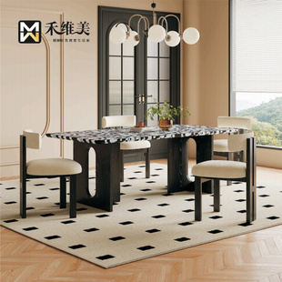 复古长方形实木大理石白蜡木餐桌简约设计师家用大小户型饭桌 法式