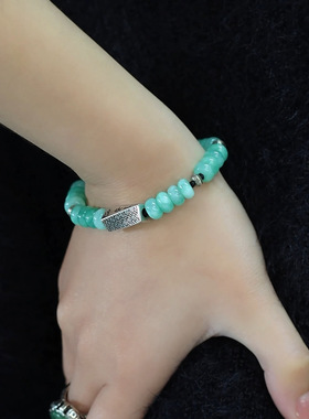 925银平安喜乐天然翡翠圆珠编织手串国风新中式复古做旧手链礼物