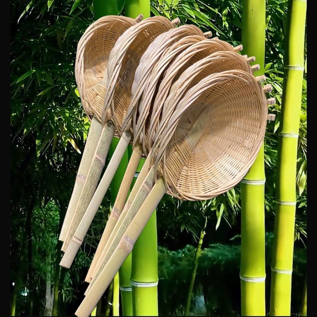 竹编漏勺米粉漏斗面捞子漏面条漏勺竹麻辣烫漏勺浆水漏勺专用