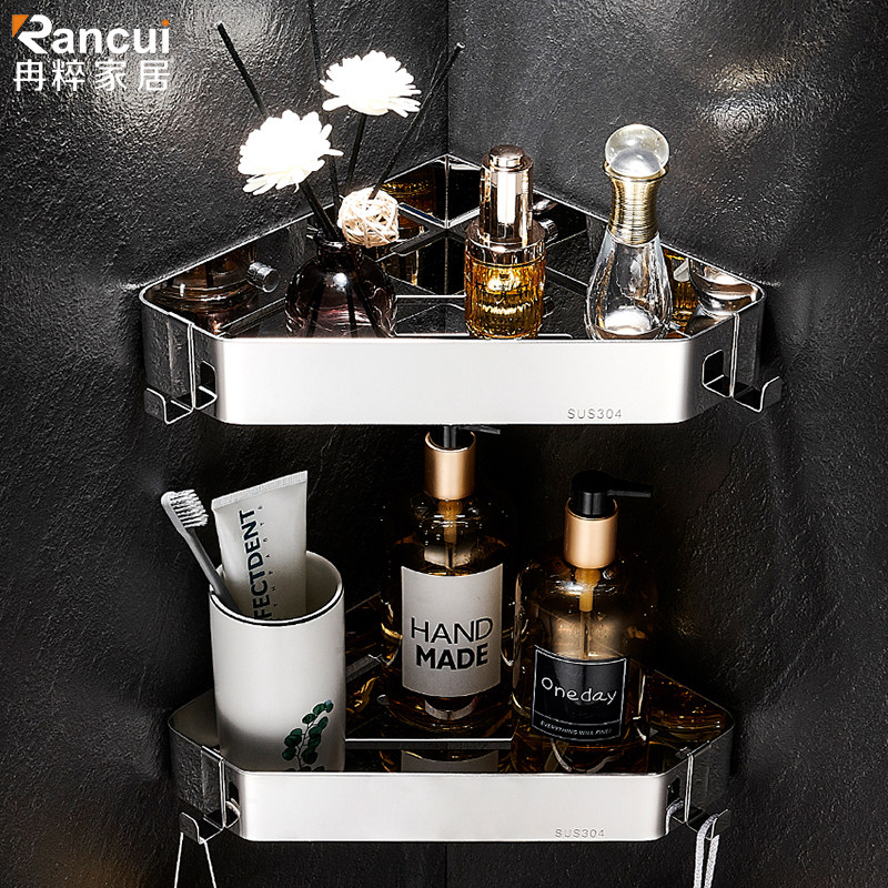 不锈钢浴室三角置物架卫生间厕所淋浴房免打孔收纳转角架角篮双层