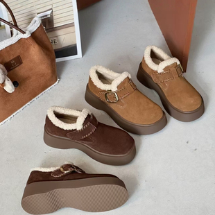 红珊瑚2025年新款女士厚底百搭真皮雪地靴时尚增高保暖休闲棉鞋