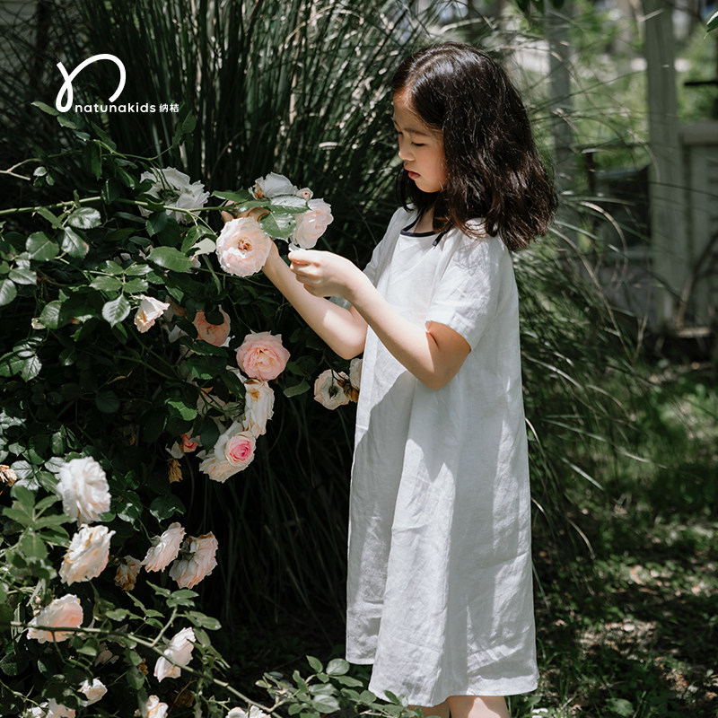 纳桔童装 儿童女童夏季新款简约法式进口亚麻短袖连衣裙