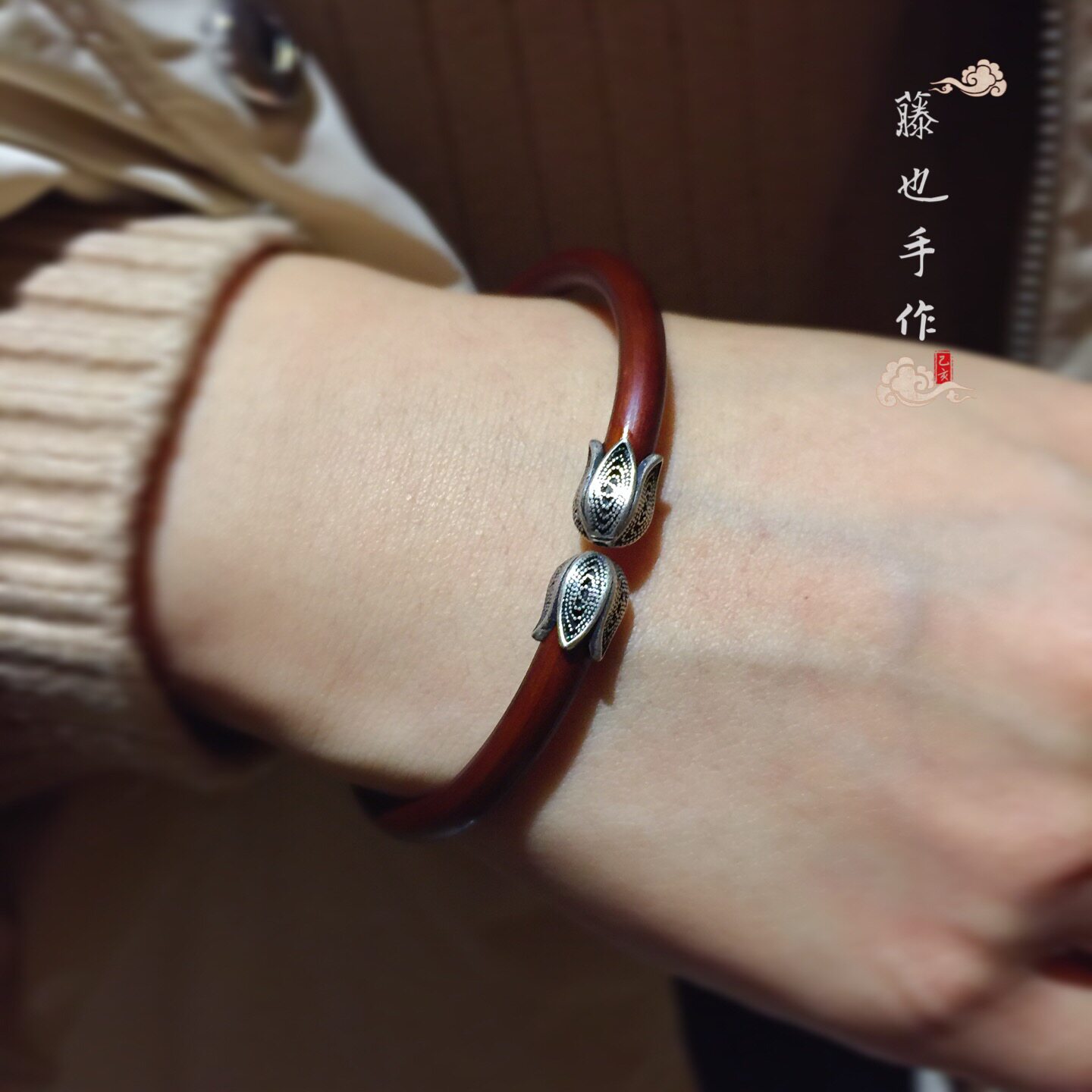S925纯银西藏鸡血藤手镯花苞头无节男女情侣饰品定制手工礼物古风