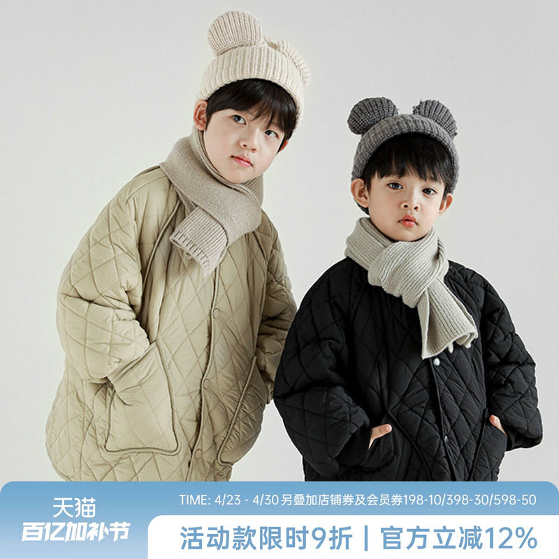 oddtails男童菱形格纹棉衣外套2026冬季中大童立领保暖棉袄中长款