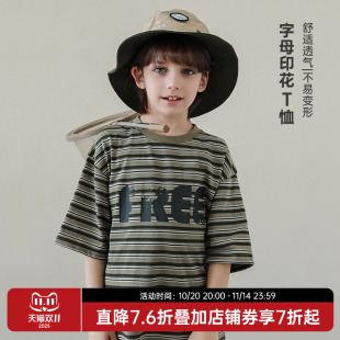 中大童清爽百搭条纹印花上衣 新款 oddtails男童短袖 T恤2025年夏季