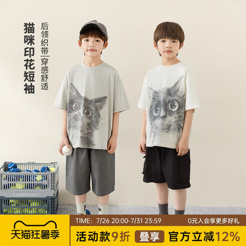 oddtails男童T恤短袖儿童休闲夏装2026新款男孩猫咪印花夏季上衣
