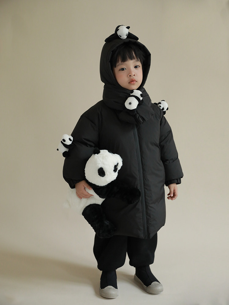 oddtails 男童卡通熊猫羽绒服2025冬季新款中大童保暖外套中长款