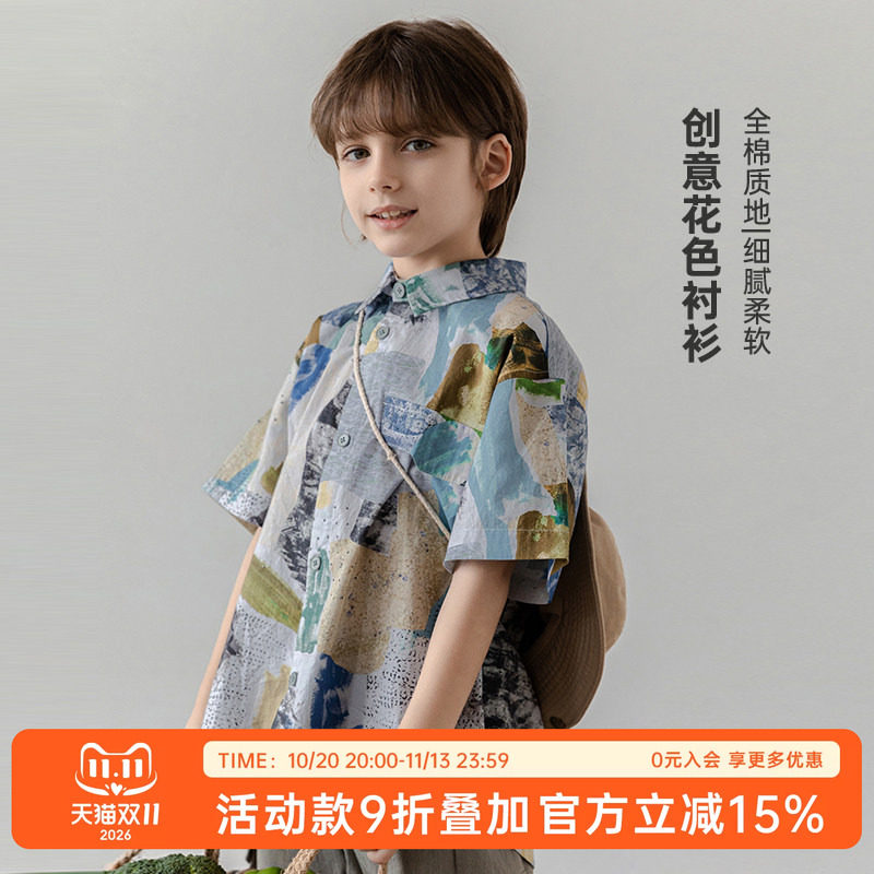 oddtails男童短袖衬衫100%棉2025新款中大童夏装童装儿童休闲上衣