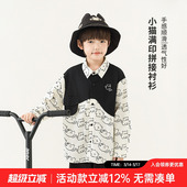 儿童纯棉透气亲肤上衣 2026新款 oddtails男童小猫满印衬衫 洋气春装