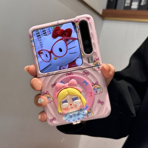 可爱卡通哭娃适用华为purax手机壳新款小米mixflip2粉色动漫波漾壳三星ZFlip7/6/FE荣耀magicvflip2磁吸支架