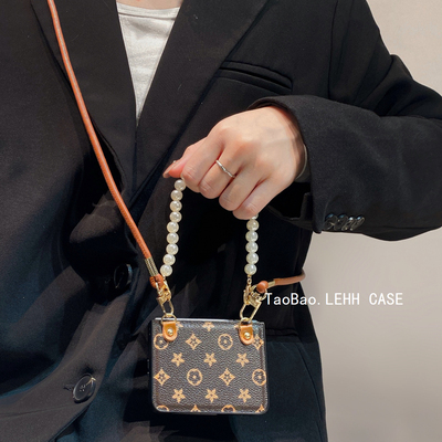 适用华为puraX折叠屏手机壳复古印花小米mixflip2斜挎手提链条zflip6/7FE手机套pocket2高档皮纹nova时尚女