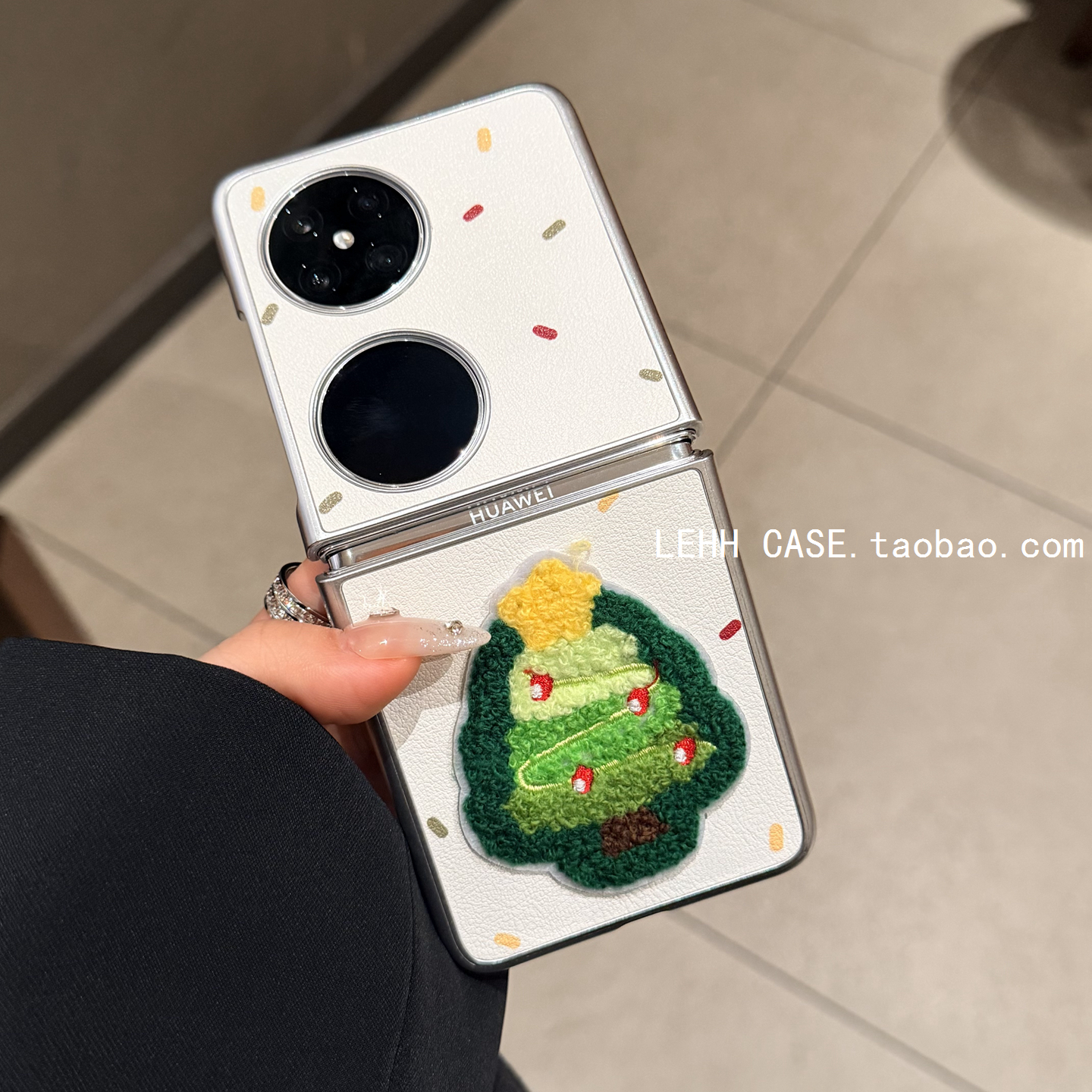圣诞树刺绣适用华为pocket2手机壳新款Purax典藏版折叠屏小米mixflip2简约女三星zflip6/7皮质外壳荣耀V潮