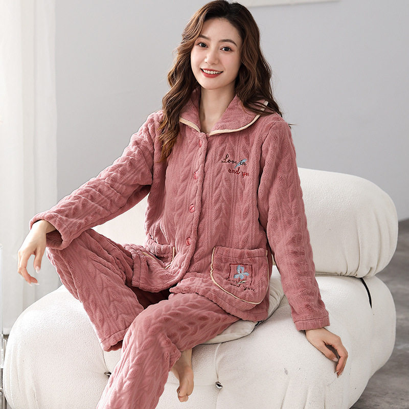 厂家直销睡衣女士冬季法兰绒冬款加绒加厚家居服珊瑚绒开衫可外穿
