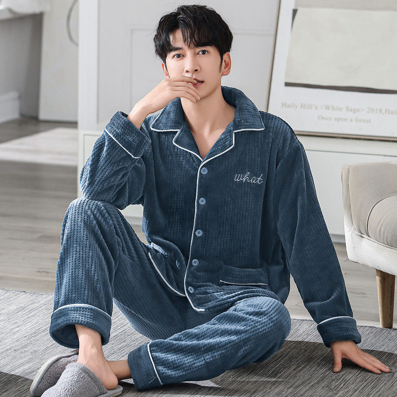 睡衣男秋冬季加厚长袖开衫大码珊瑚绒套装加绒可外穿法兰绒家居服