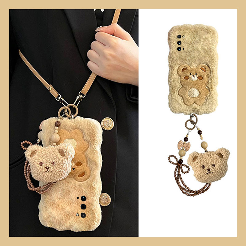 手机壳秋冬毛绒卡通轻松熊小熊手链斜跨挂绳