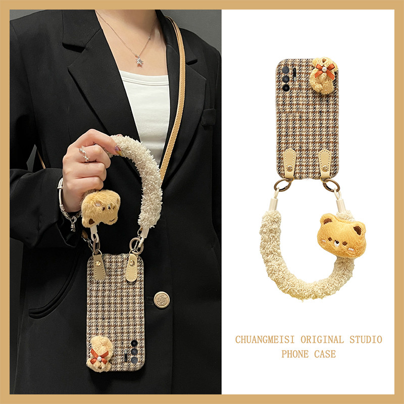 适用oppoa97手机壳a3pro千鸟格kt猫a96可斜挎a1毛绒a93s绒布a55挂绳a57/a56秋冬a72可爱a58x冬季a6女a2x/oppo