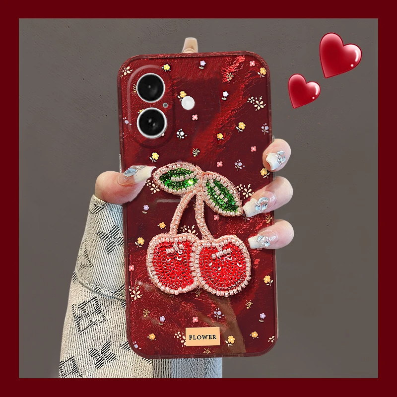 手机壳硅胶红色新年本命年立体刺绣樱桃