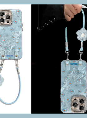 ins风适用苹果16手机壳iPhone15promax蓝色14plus花朵13小碎花12带16e手绳xsmax挂绳xr韩系xs冰川纹se3/11女x