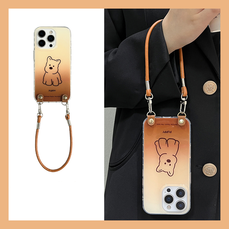 手机壳棕色卡通西高地小狗带手提绳斜跨挂绳