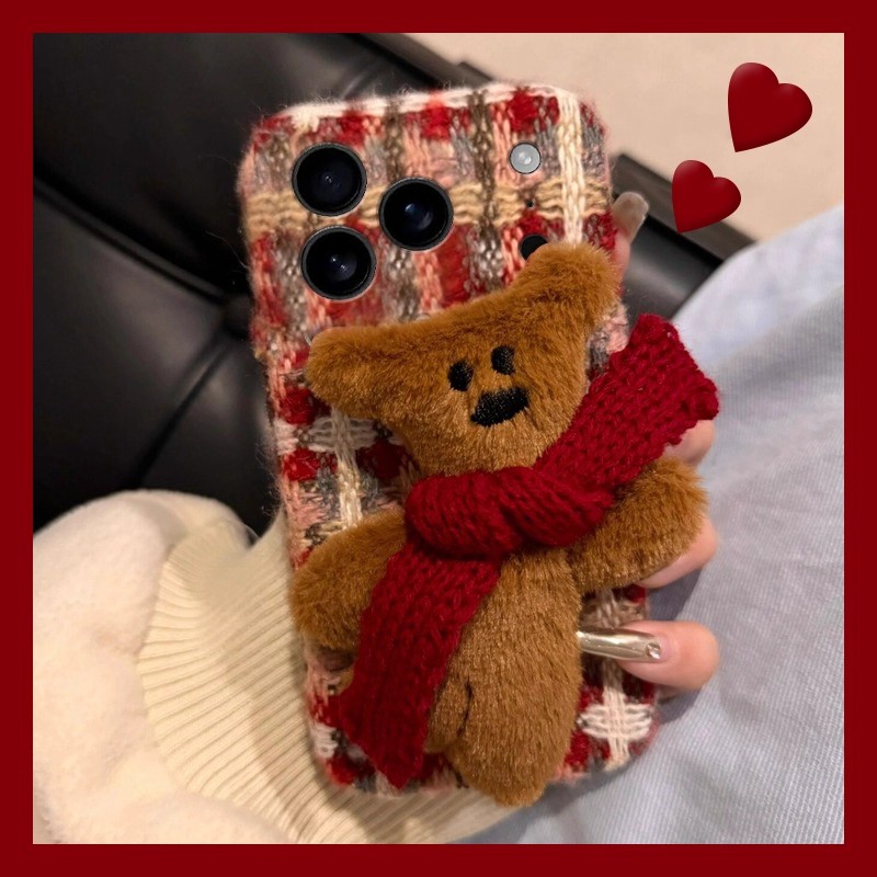 手机壳秋冬绒布红色条纹卡通毛绒围巾小熊