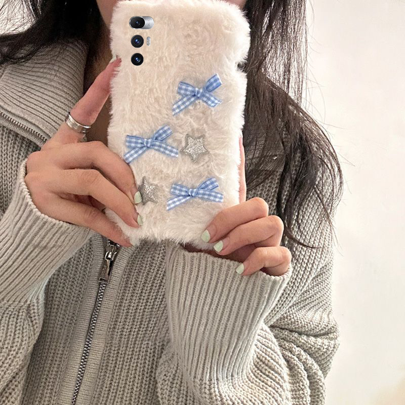 手机壳秋冬毛绒毛茸茸ins风格子星星蝴蝶结