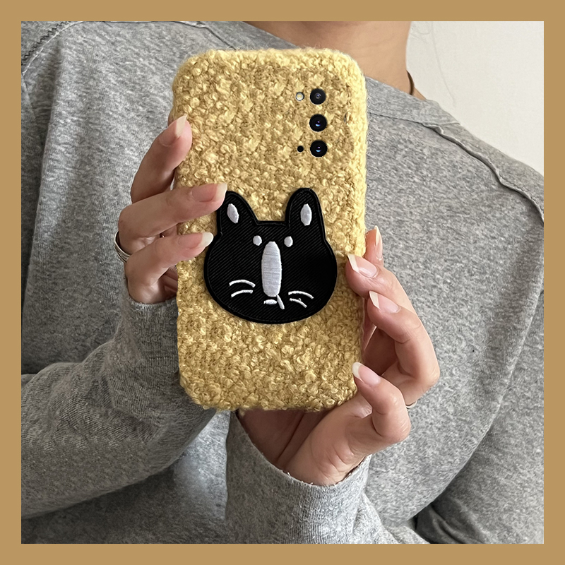 手机壳秋冬毛绒卷毛绒可爱卡通刺绣猫咪
