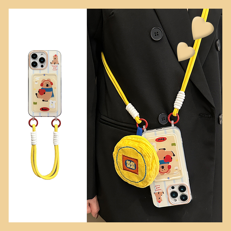 手机壳卡通插卡小熊卡包零钱包手绳背带斜挎