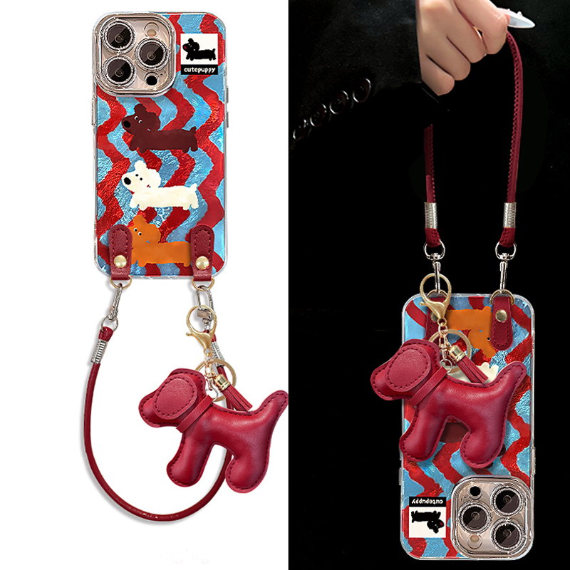手机壳硅胶冰川纹条纹卡通腊肠狗挂件手提绳
