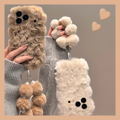 简约秋冬毛绒适用苹果17手机壳iPhone16e波浪纹15promax带14pro挂链8plus保暖13mini暖手12冬天11/se4/air/7p