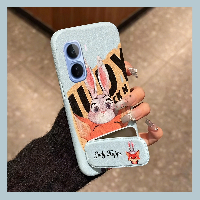 手机壳仿皮皮纹卡通情侣朱迪尼克带镜子支架