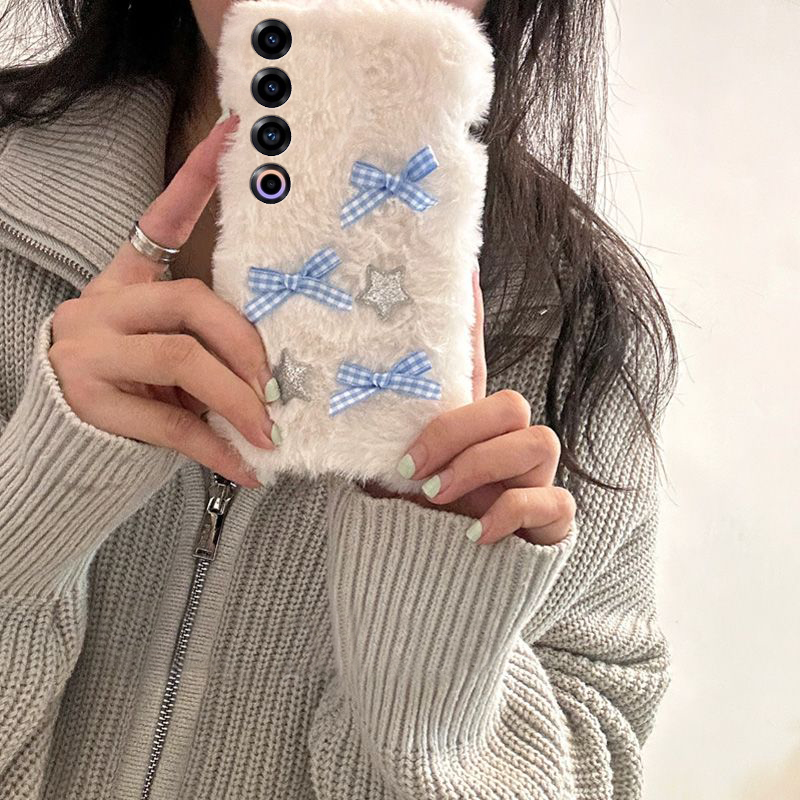 手机壳秋冬毛绒毛茸茸ins风格子星星蝴蝶结