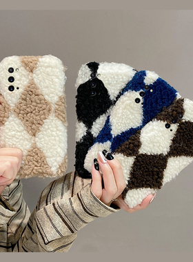 ins风拼接撞色方块适用三星a53手机壳f52毛茸茸a8s秋冬a71毛绒a51菱格a31a30a20毛毛a90a80a60冬天a50s女a70s