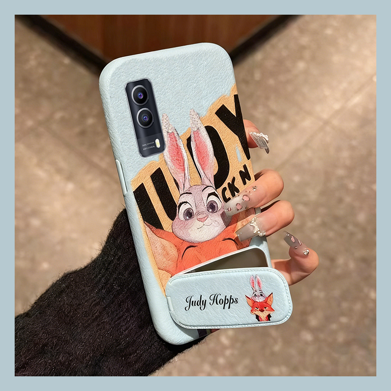 手机壳仿皮皮纹卡通情侣朱迪尼克带镜子支架