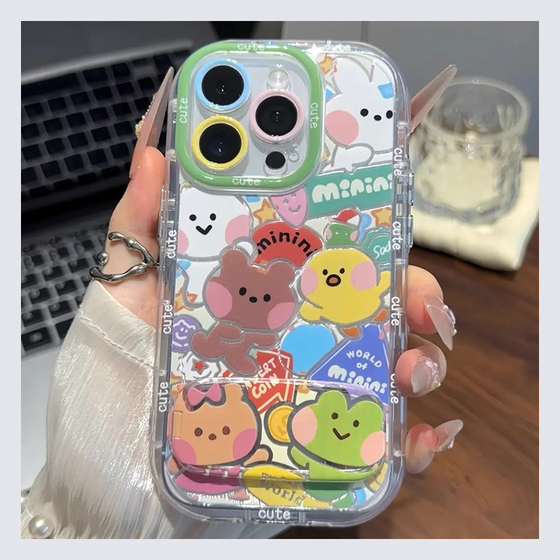 手机壳硅胶羽纱卡通青蛙兔子小鸡带镜子支架