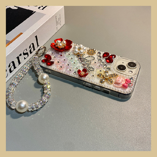 珍珠红色宝石适用华为mate80promax手机壳80gts立体70air水钻60rs非凡大师50e花朵40pro 女孩十huawei高级感p