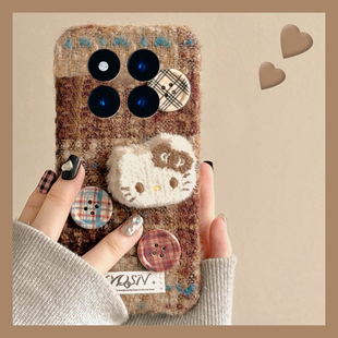 毛绒纽扣kt猫适用小米红米note15pro+手机壳noto14卡通13绒布12turbo可爱11tpro凯蒂猫10秋冬9保暖8十redmi女