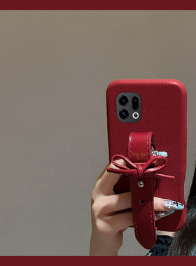 立体蝴蝶结腕带适用oppofindx9pro手机壳findx8s+新年x8ultra马年k12plus红色k10x仿皮r17皮纹realmex2十oppo