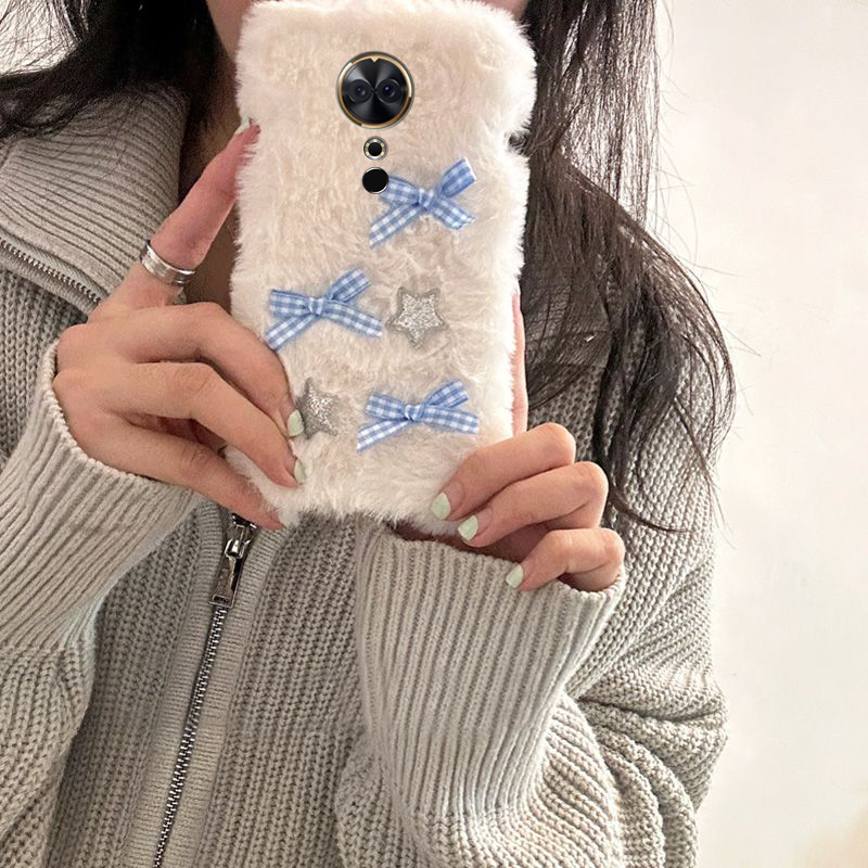手机壳秋冬毛绒毛茸茸ins风格子星星蝴蝶结