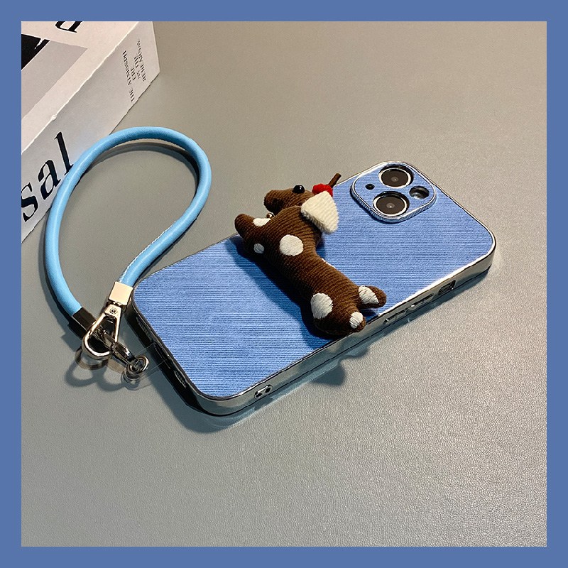 手机壳卡通毛绒波点腊肠狗带手绳