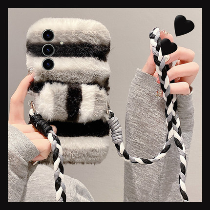 适用三星s23ultra手机壳s24plus韩系s21拼色s10+线条s22带s20背夹note10可s9斜挎s23fe秋冬s8十noto20毛绒女p