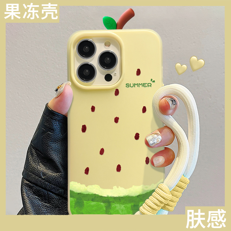 手机壳夏日拼色西瓜水果立体叶子带尼龙绳