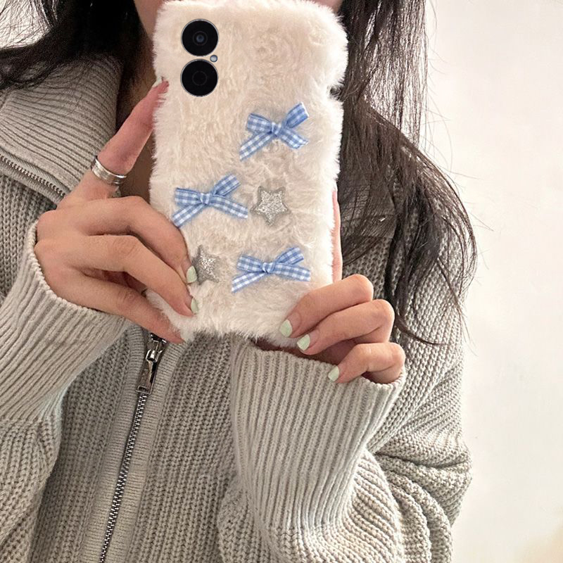 手机壳秋冬毛绒毛茸茸ins风格子星星蝴蝶结