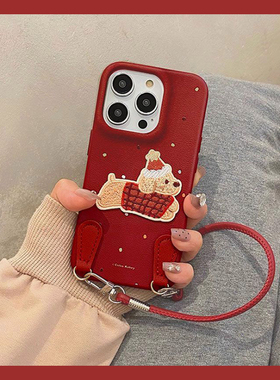 圣诞帽子小狗适用vivos30promini手机壳s20pro仿皮s19皮纹s16带s15挂绳s10卡通s12呆萌s18e红色s17硅胶vivo女