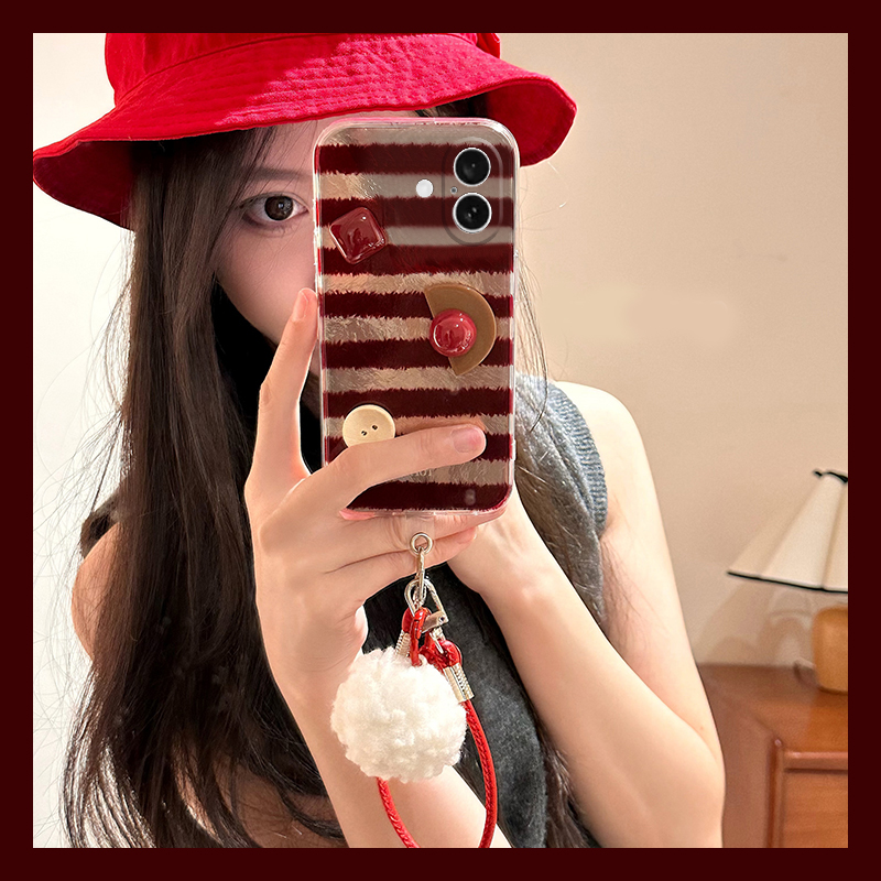 手机壳硅胶红色新年线条立体几何宝石带挂链