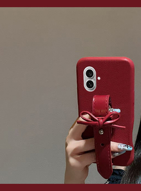 立体蝴蝶结腕带适用苹果17手机壳iPhone16e新年15promax马年14plus红色13pro简约12mini仿皮11皮纹se4/air/xr