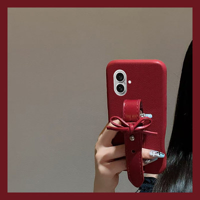 立体蝴蝶结腕带适用苹果17手机壳iPhone16e新年15promax马年14plus红色13pro简约12mini仿皮11皮纹se4/air/xr